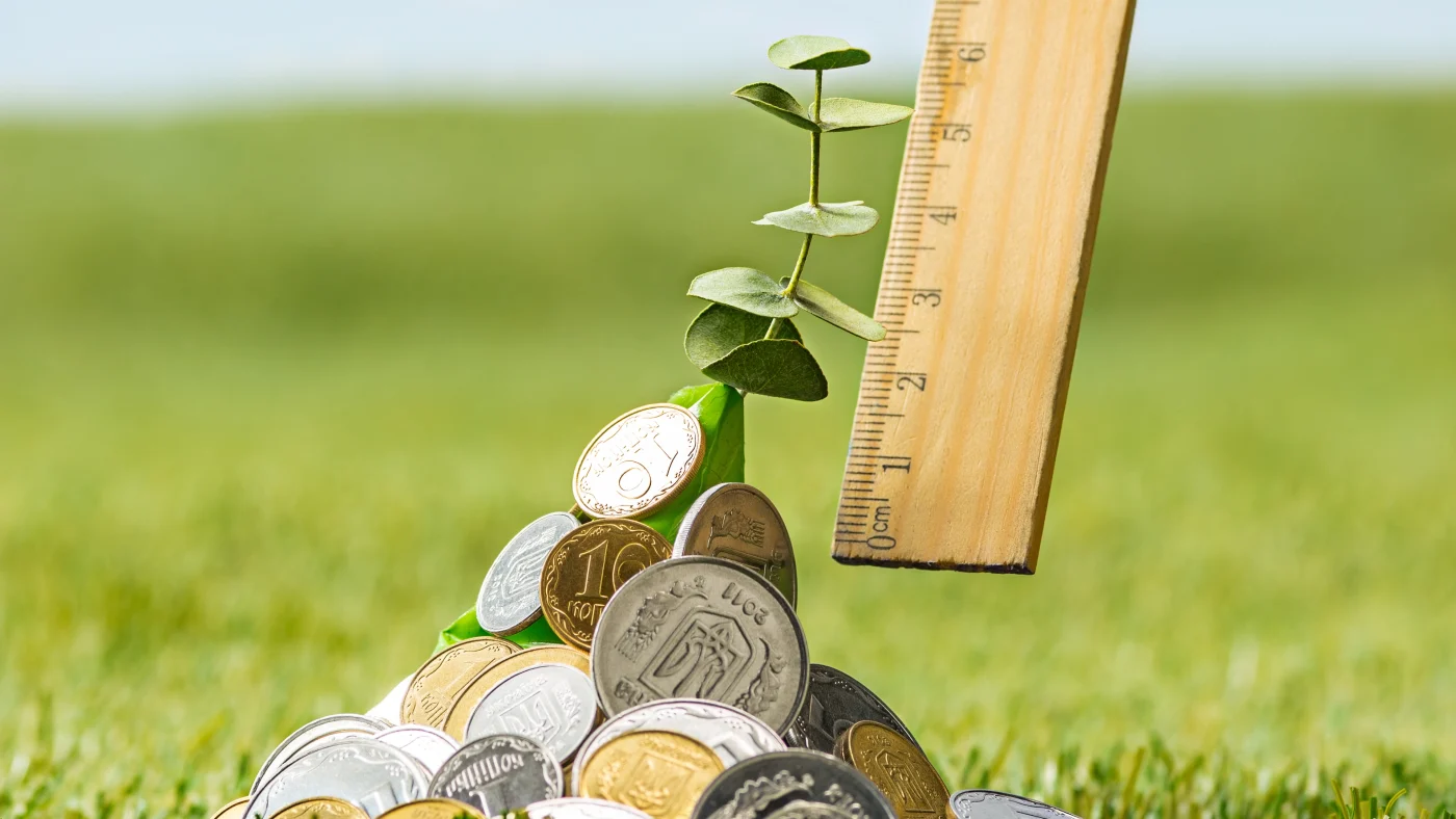 A small plant grows from a stack of coins